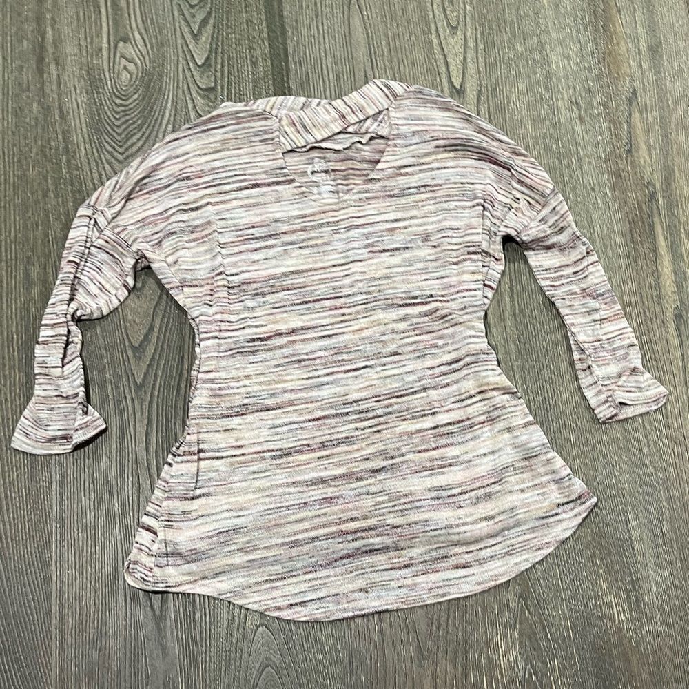 Maurices 24/7 Hi-Low Top Striped Criss Cross Front 3/4 Sleeve Multicolor Small